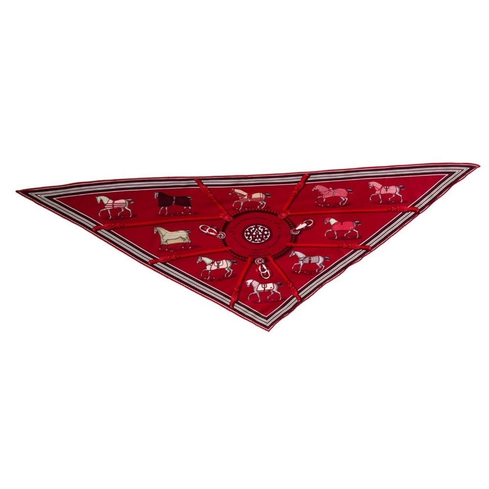 💕 HERMÈS vintage Couvertures et Tenues de Jour Silk Triangle Scarf, red horses - Picture 3 of 5